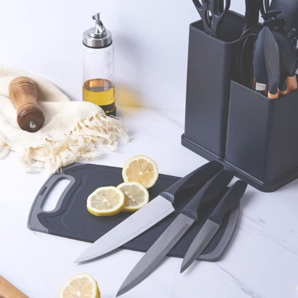 Kit Cozinha 19 Peças Utensílios Silicone Antiaderente Cabo Madeira com Suporte Faca e Tábua