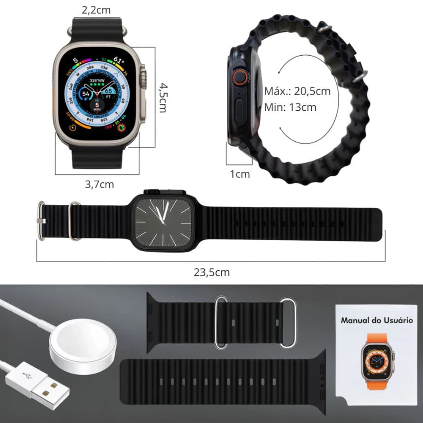 Relógio Smartwatch T10 Ultra 2 Big Preto Display 2.19 55mm Inteligente Bluetooth Esportivo