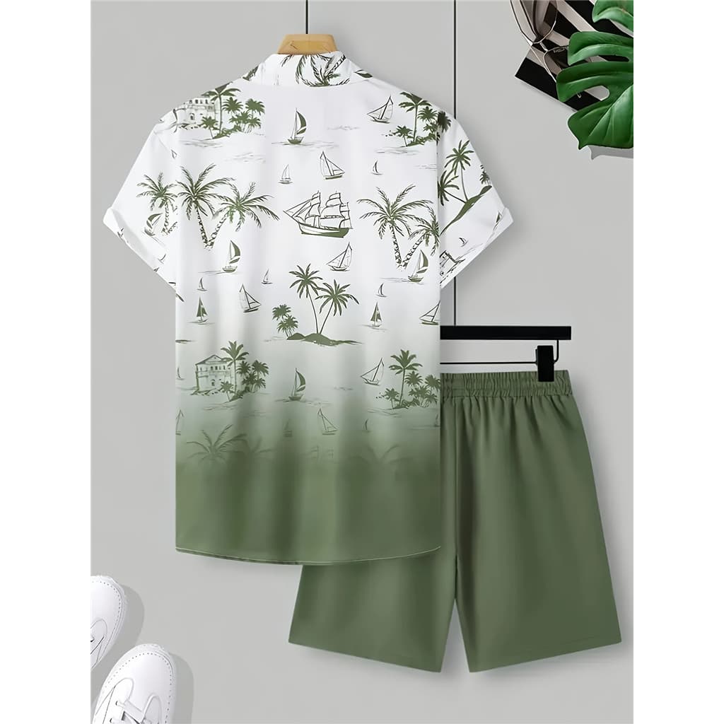 Conjunto de 2 peças de terno Casual masculino, Design de palmeira Tropical - verde e branco, adequado para roupas de pra