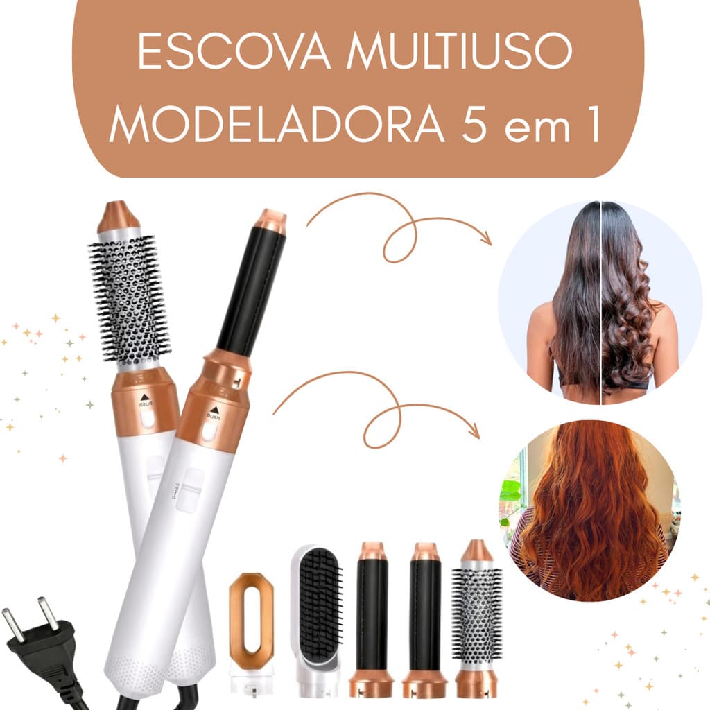 Escova Secadora 5 em 1 - 220V Branca com Dourado  PREMIUM