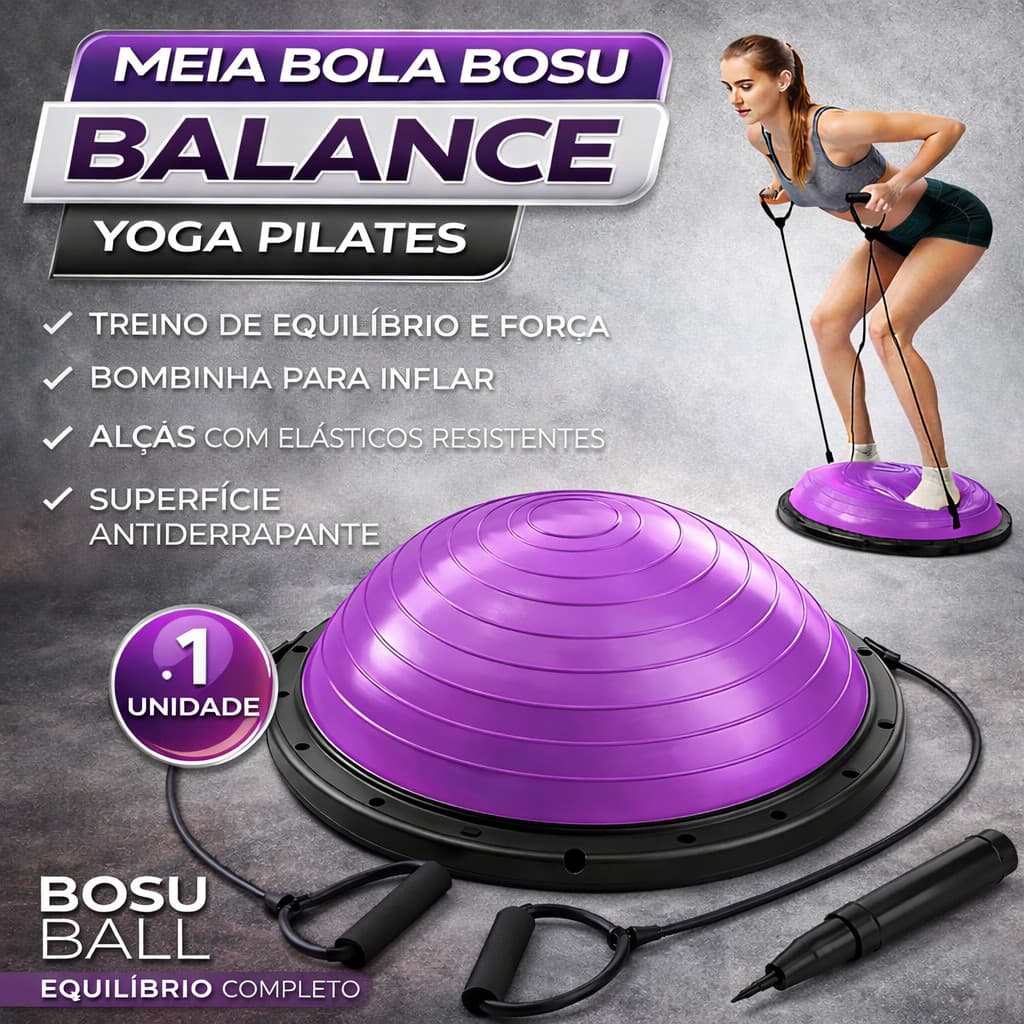 Meia Bola Bosu Balance Yoga Pilates C/ Alça E Bomba Roxo