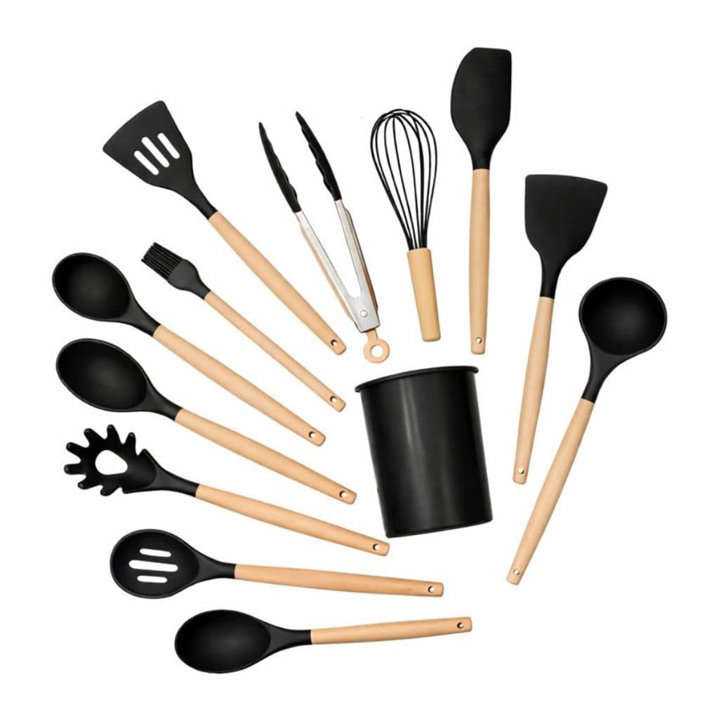 Kit 12 Peças Utensílios de Cozinha – Silicone Resistente ao Calor com Cabos de Madeira, Antiaderente - Preto