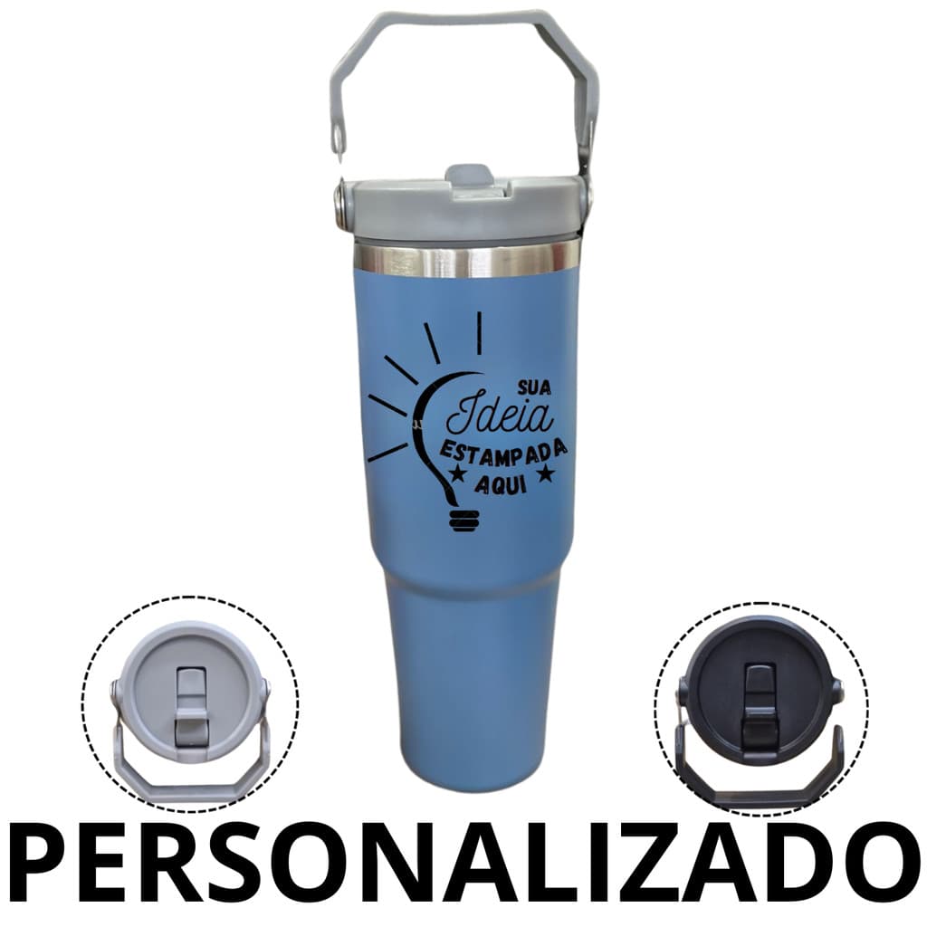 Personalizado - Garrafa Flip Straw Tumbler com Alça Superior e Canudo (900ml) - Azul Claro