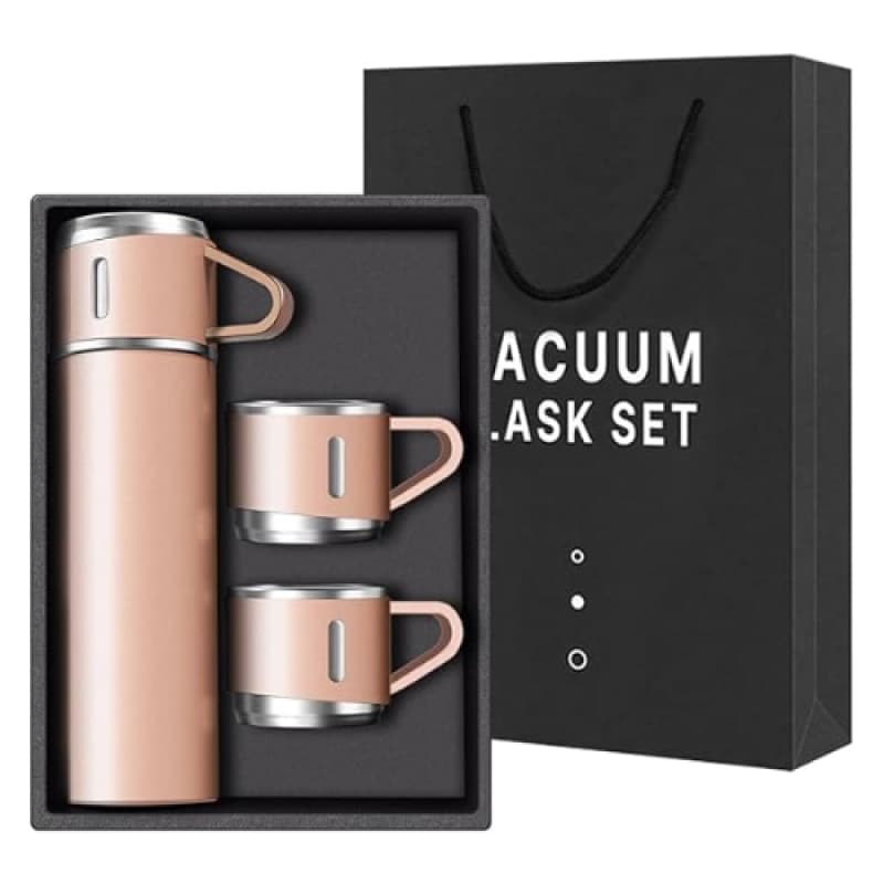 Kit Rosa: Garrafa Térmica 500ml + 3 Xícaras Inox