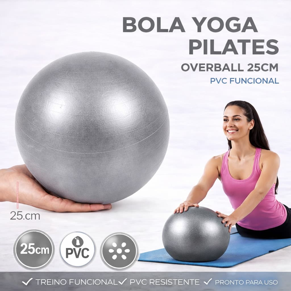 Bola Yoga Pilates Overball 25cm PVC Funcional Cinza Fitness Core Equilíbrio Treino