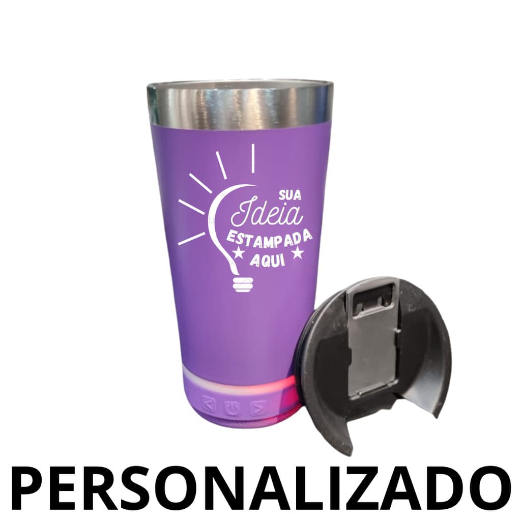 Copo Térmico Bluetooth 420ml com Caixa de Som LED Tampa com Abridor Inox Bebidas Quentes e Frias Lilás