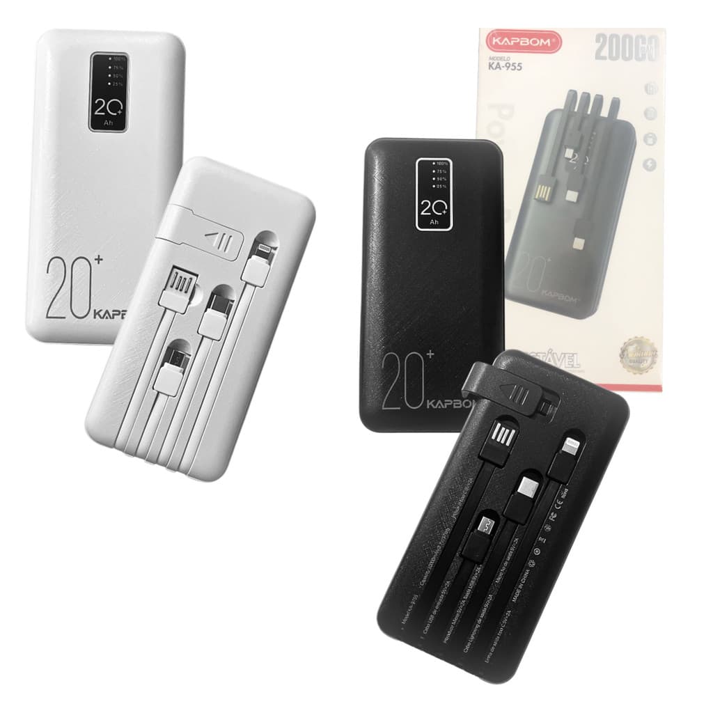 Carregador Portátil Power Bank 20000mAh com 04 Saídas USB / V8 / TIPO-C / Lightning Kapbom KA-955