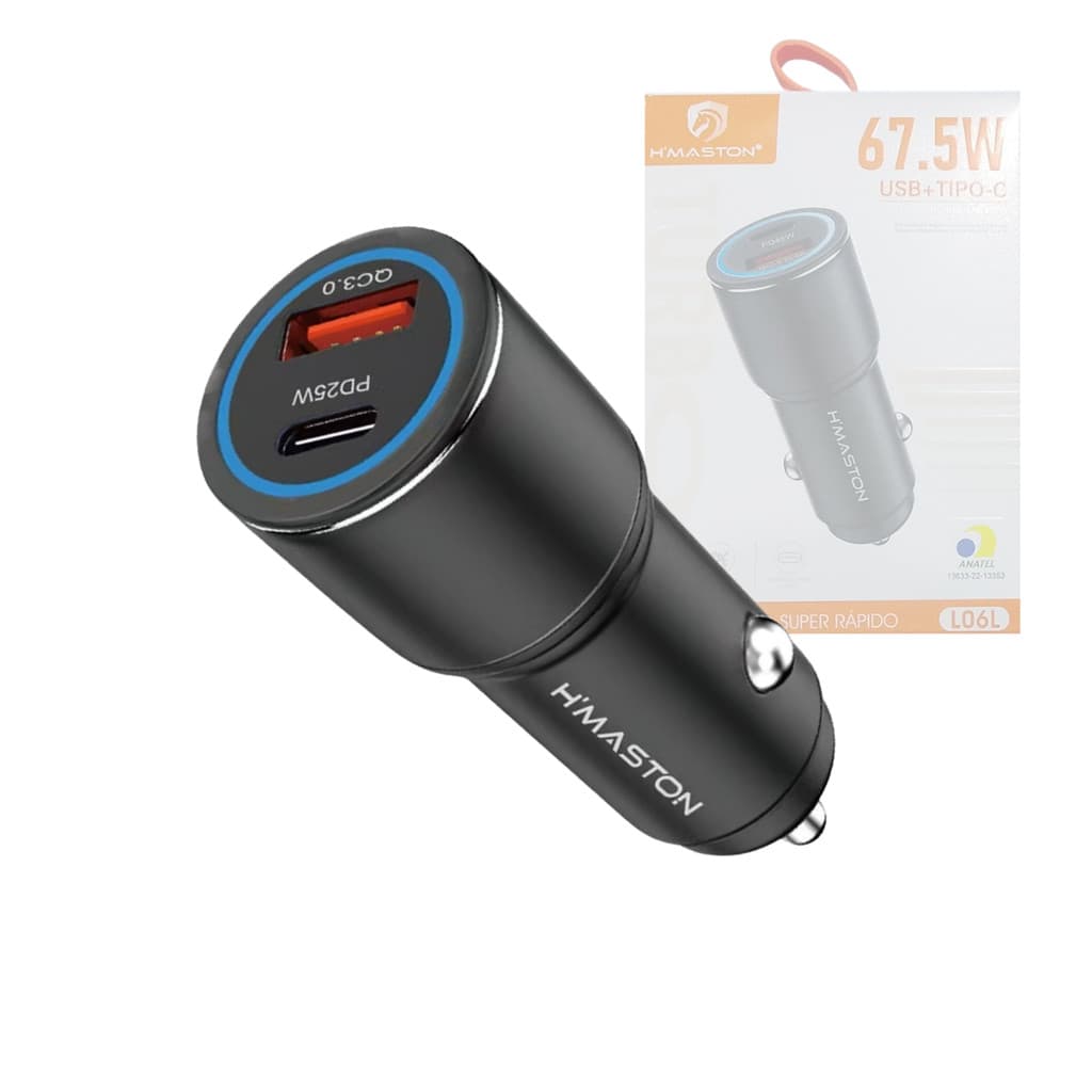 Carregador Veicular Turbo 67W 2 Saídas USB + Tipo C Celular
