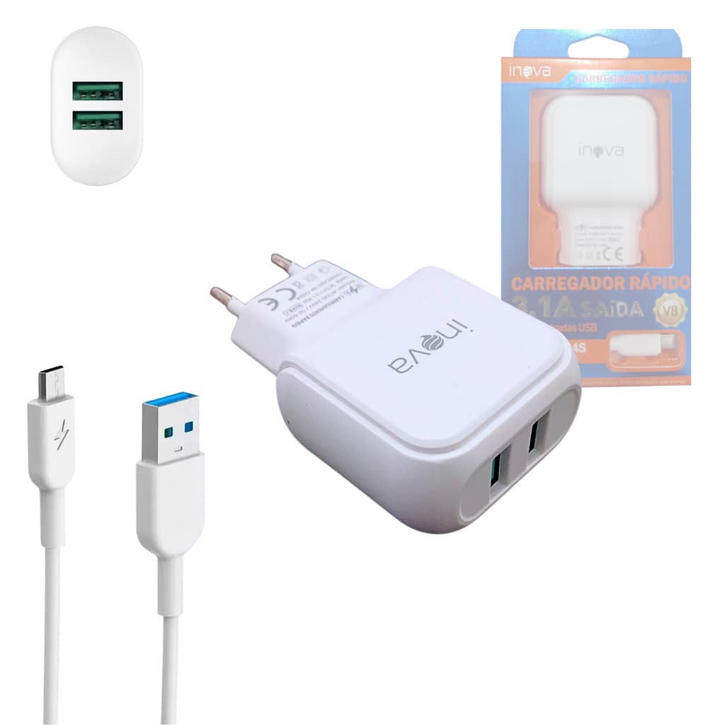 Carregador Completo Rápido 2 Portas USB 3.1A Cabo V8 de 1 Metro INOVA