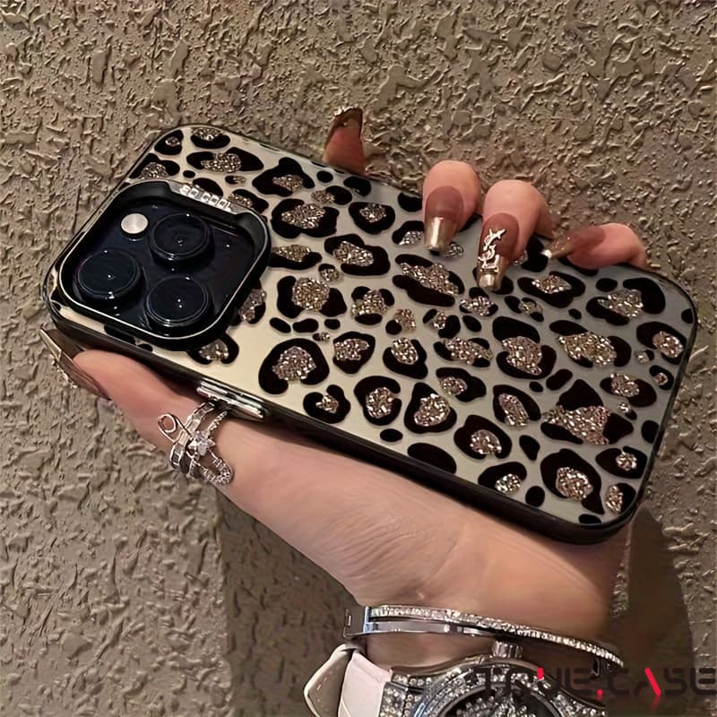 Capinha Capa com Design de Estampa de Onça e Brilho Para iPhone 11 14 15 16 12 17 13 pro max 7/8 plus