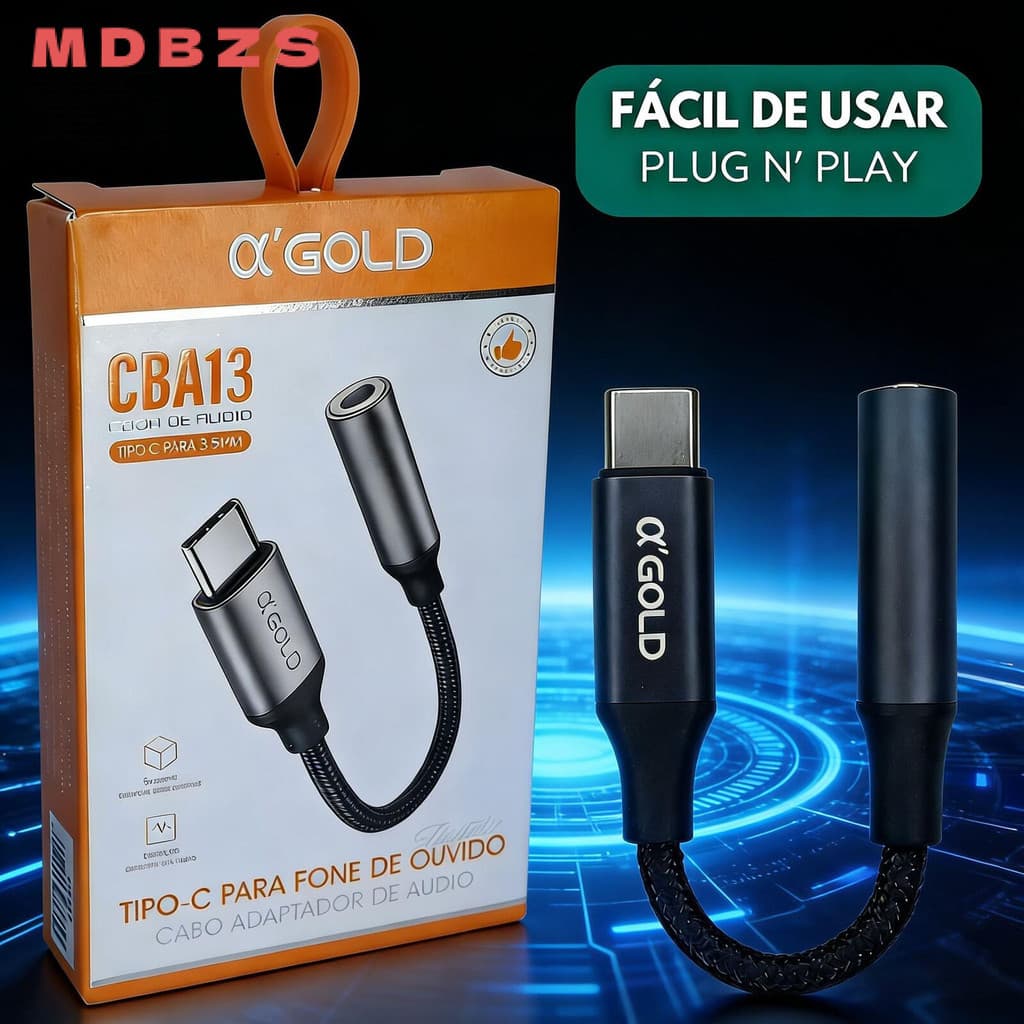 Adaptador USB-C para P2 3.5mm A'Gold | Para Fones de Ouvido com Fio | Samsung, Xiaomi e Mais