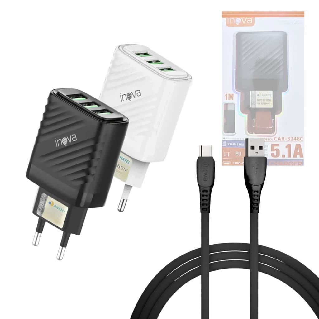 Carregador Completo TURBO 03 Entradas USB 5.1A com Cabo TIPO-C de 1 Metro INOVA CAR-3248C