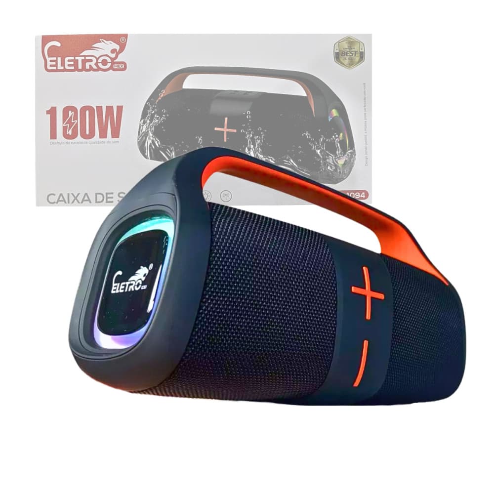 Caixa de Som Bluetooth Portátil À Prova D'agua 100W BASS LED TWS Eletromex EL-1094