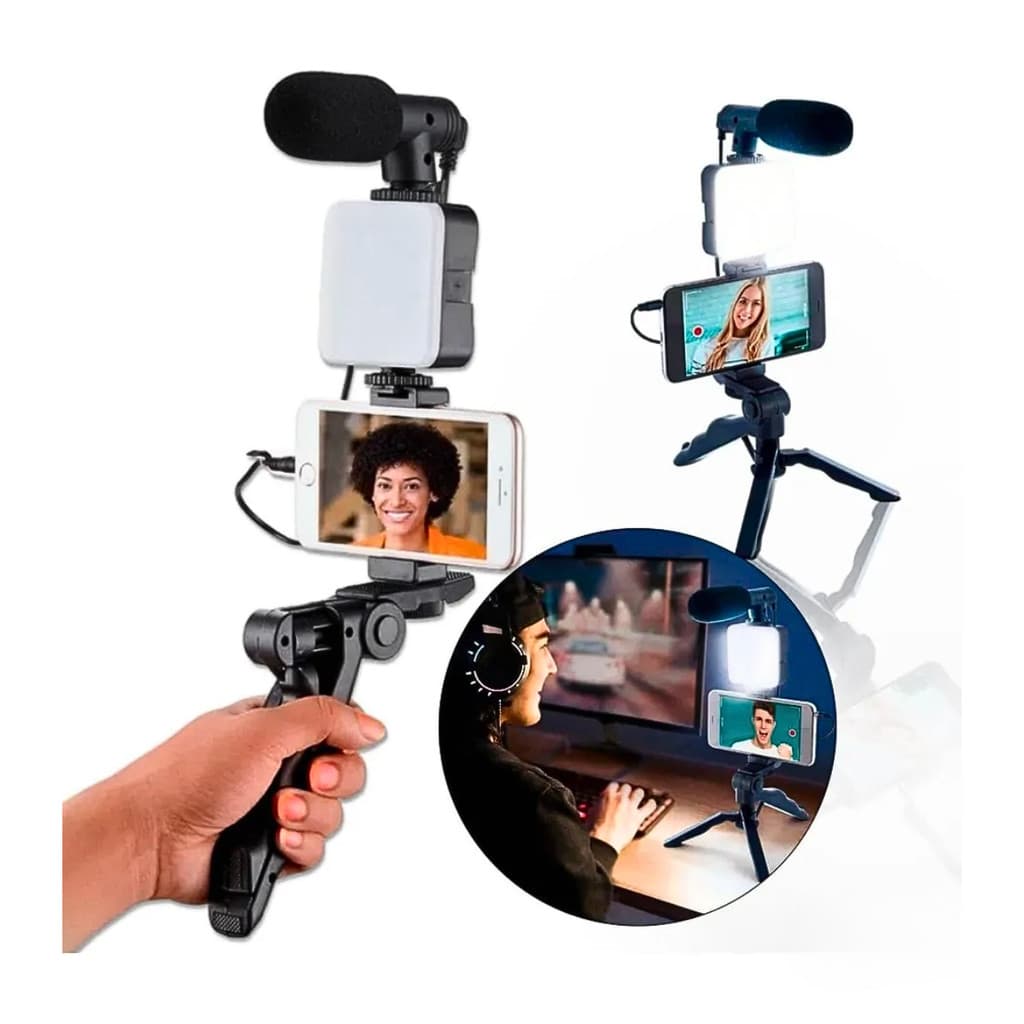 Suporte para Celular com Tripé Luz LED para Streaming Podcast Self com Microfone