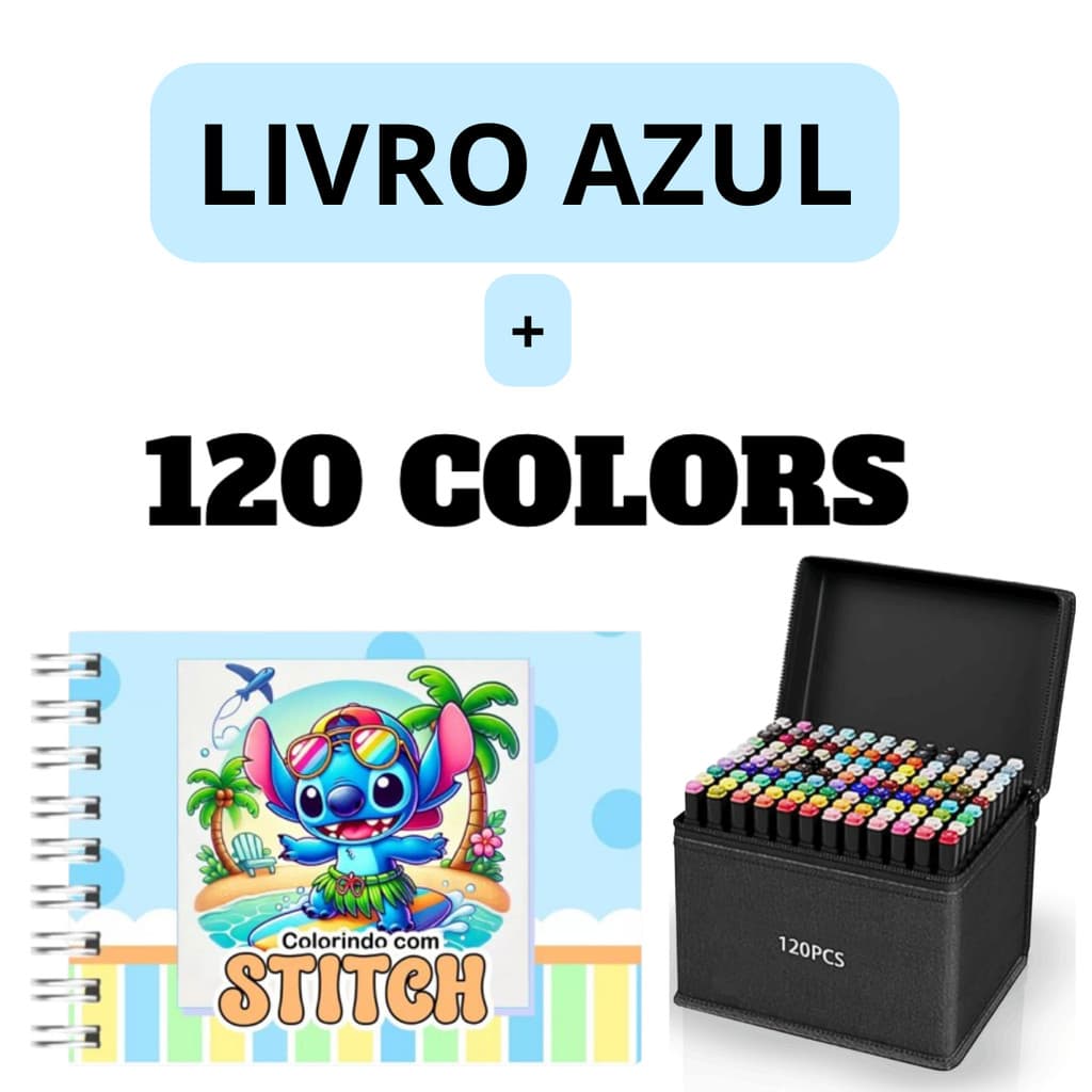 Kit Livro Colorir URSO B0BBIE G00DS (Azul) + 120 Canetas  De Pontas Duplas Com Estojo