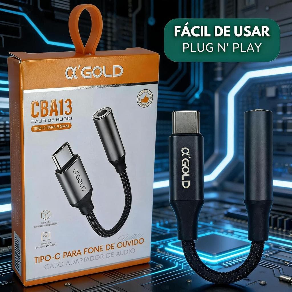Cabo Conversor A'Gold Tipo-C para Fone 3.5mm - Compatível com Android e Outros Dispositivos, CBA-13