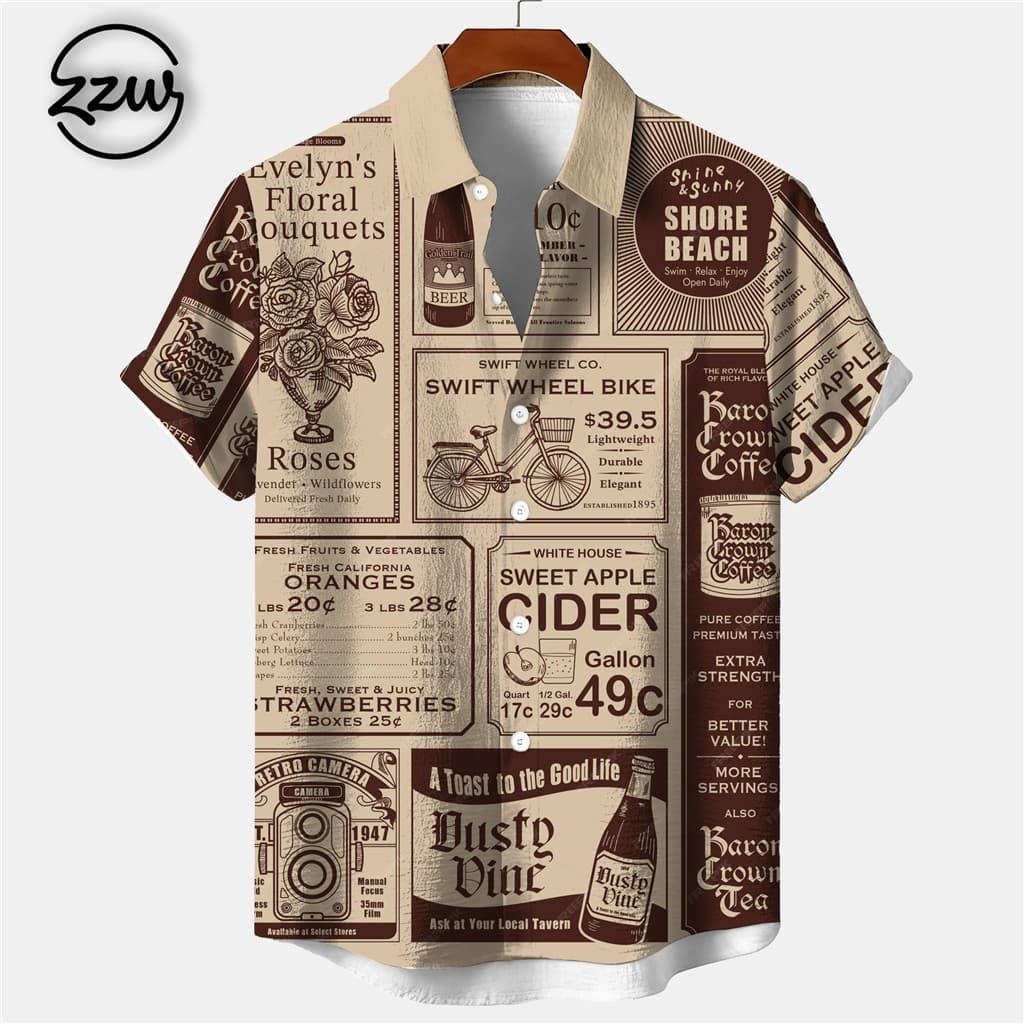 Camisa Havaiana Masculina Com Estampa De Férias Tropicais Vintage | Roupa De Praia Botões De Manga Curta 06