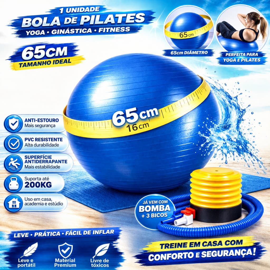 Bola Pilates 65cm Yoga Fitness C/ Bomba Antiestouro Azul