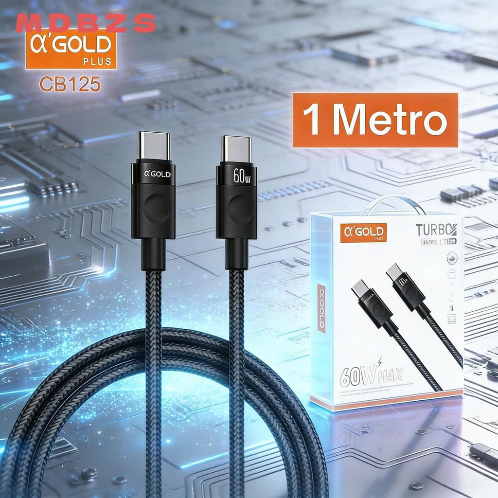 Cabo USB-C A'Gold 60W CB125 – Carregamento Rápido, Transferência de Dados e Nylon Reforçado