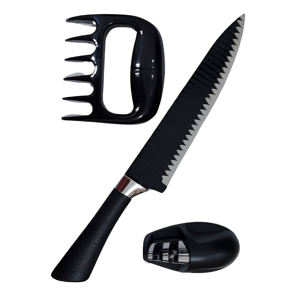 Kit 3 Peças para Churrasco Faca Garra Amolador Preto