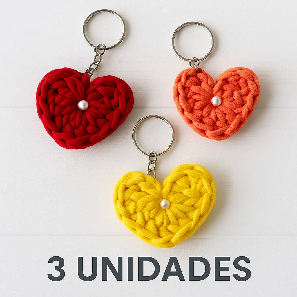 Kit 3 Chaveiros Coração Crochê Artesanal - Lembrancinhas para Presentes e Bolsas