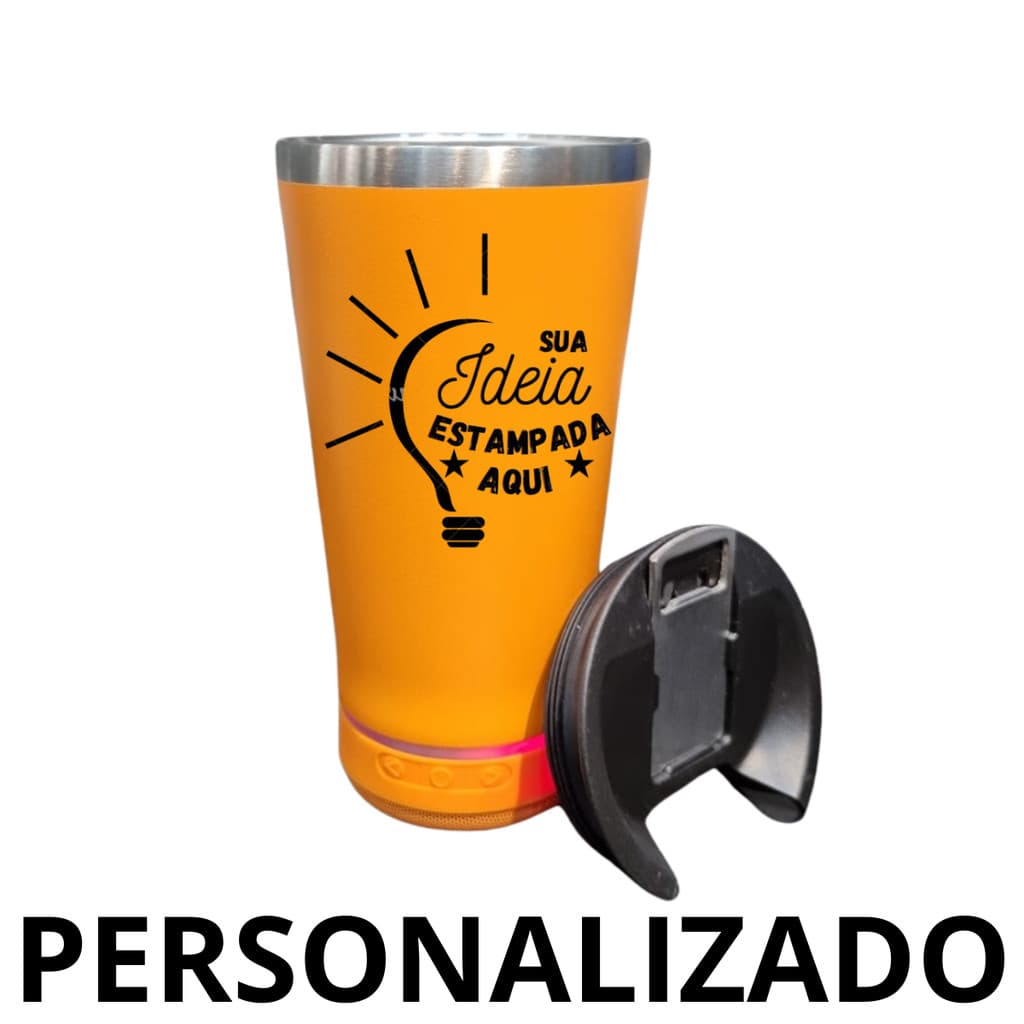 Personalizado Bluetooth - Copo Térmico Som Led e TAMPA com ABRIDOR (420 ml) - Laranja