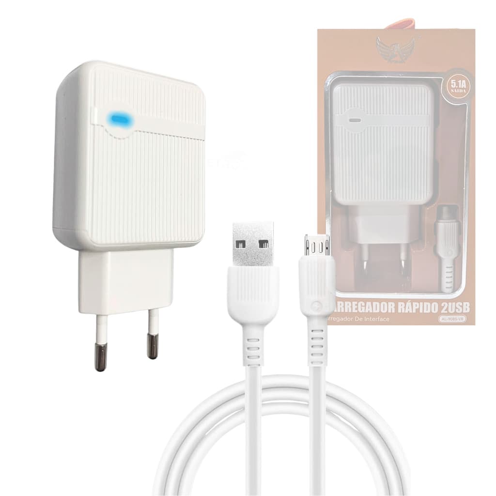 Carregador Rápido 5.1 com 02 Portas USB Cabo 1 Metro V8 Altomex AL-9085-V8