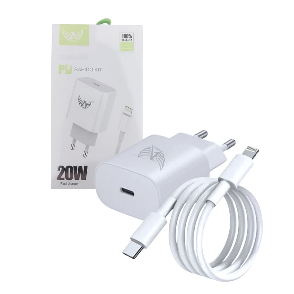 Carregador Completo Lightning / TIPO-C com Porta USB TIPO-C 20W Cabo Móvel 1 metro