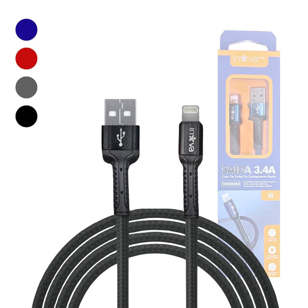 ⚡⚡Cabo de dados 3.4A USB / Lightning Revestimento Nylon Trançado de 1 Metro INOVA KV-12466