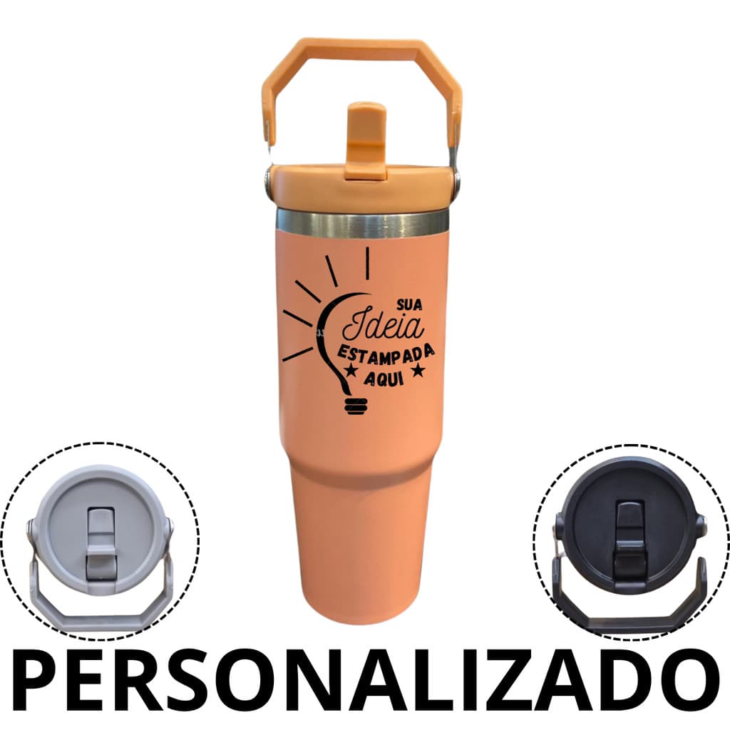 Personalizado - Garrafa Flip Straw Tumbler com Alça Superior e Canudo (900ml) - Laranja