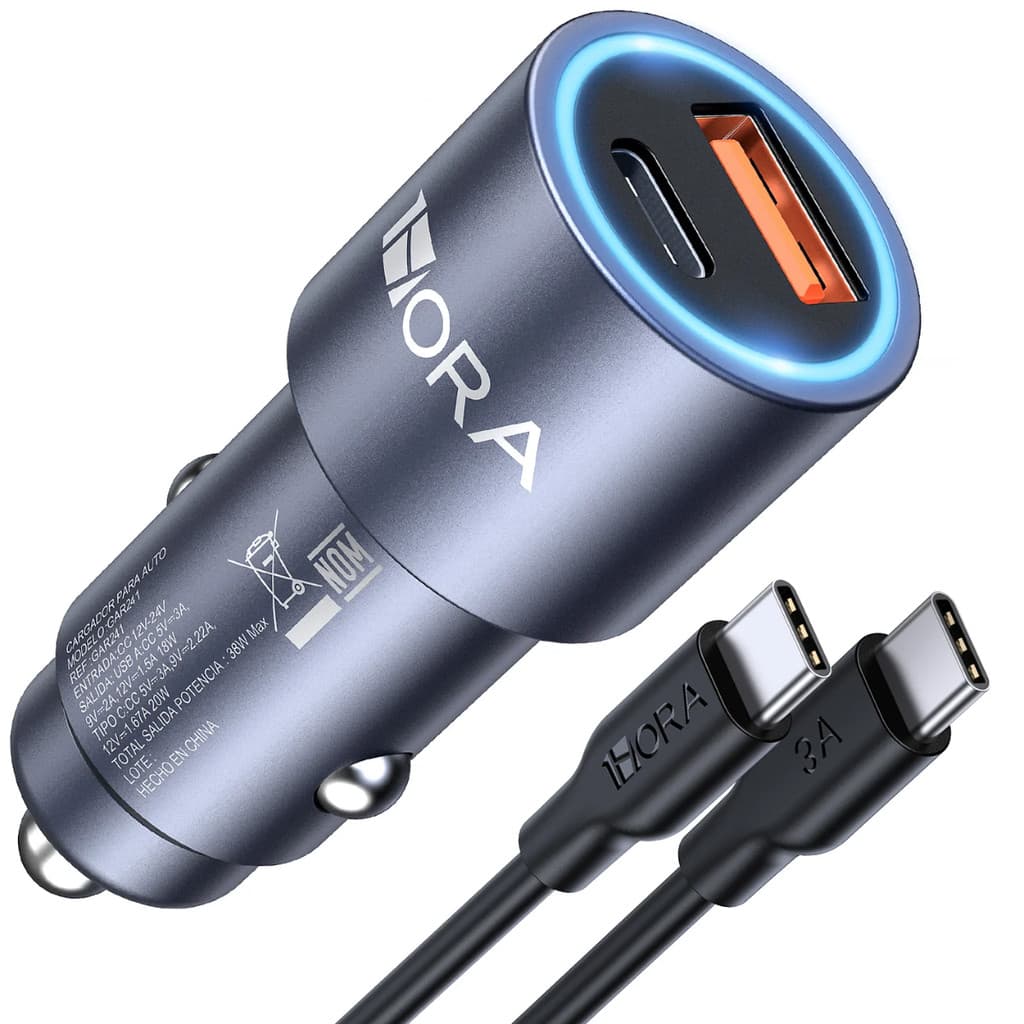 Carregador Veicular Rápido 38W com USB-C PD e USB-A QC