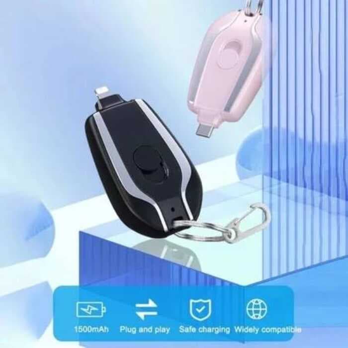 Carregador Portátil 1500mAh Mini Powerbank Chaveiro Compacto Carga Rápida (Tipo C/Lightning) iPhone Android Uso Diário