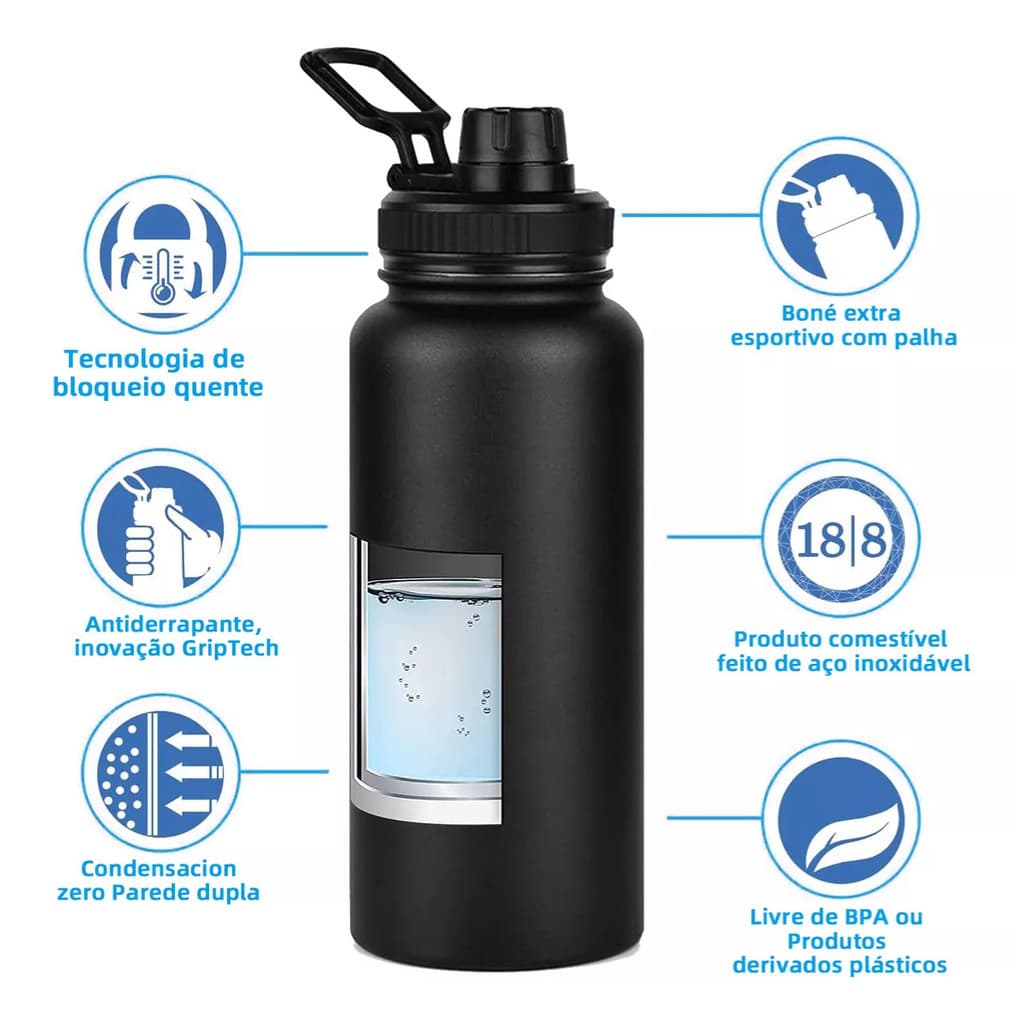 Garrafa Térmica 800ml Inox Isolamento a Vácuo – Mantém Quente e Frio por Horas | Garrafa Térmica Preta Portátil