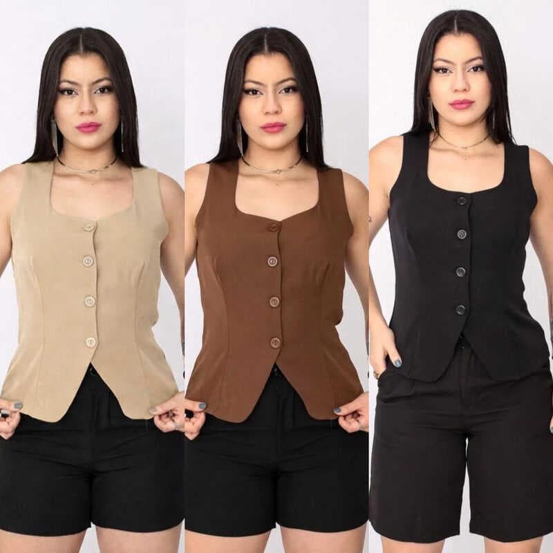 Colete Feminino Alfaiataria Alça Larga Gola Quadrada detalhe aberto na frente COLETE #97