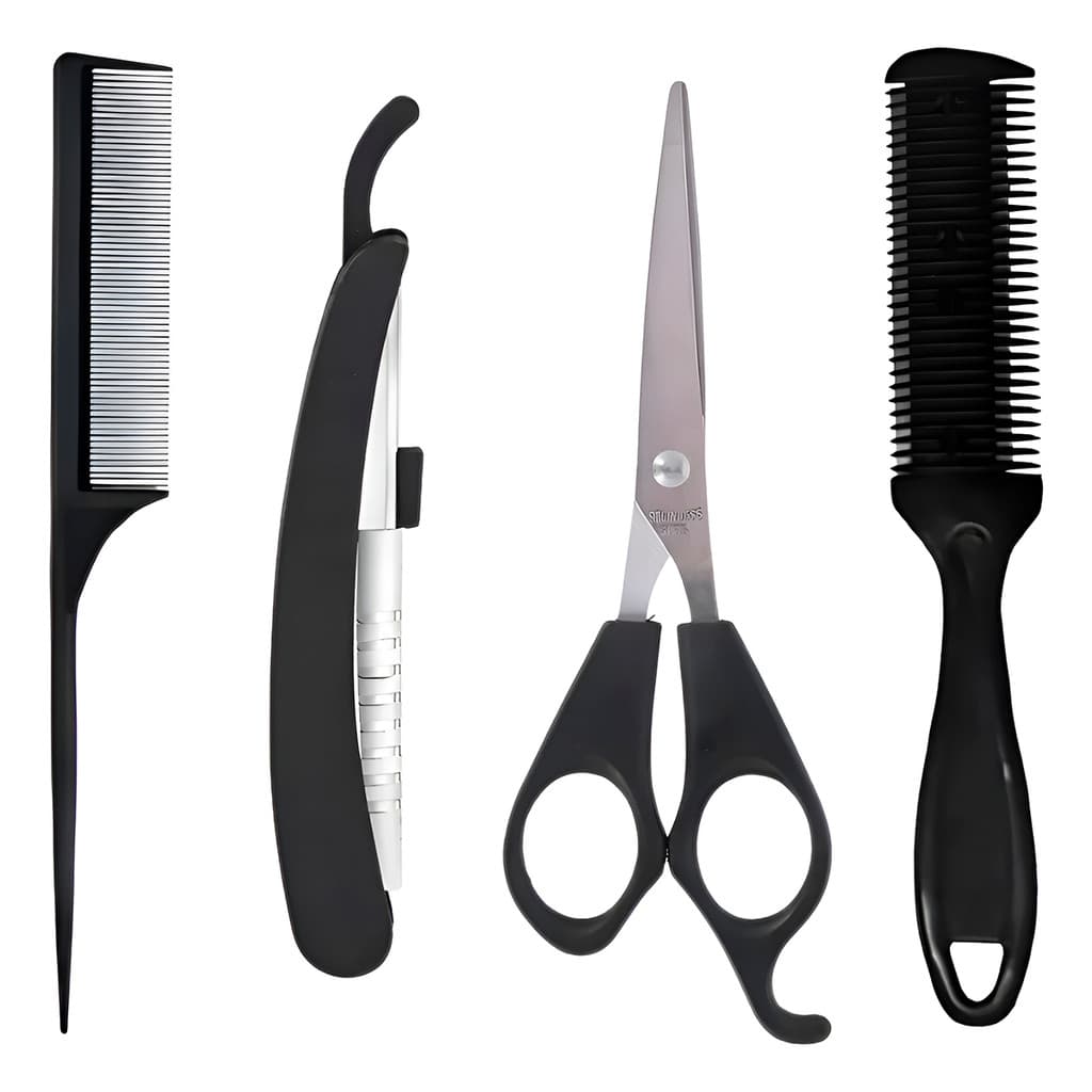 Kit Cabelereiro Barbeiro Tesoura Navalha Pente Corte