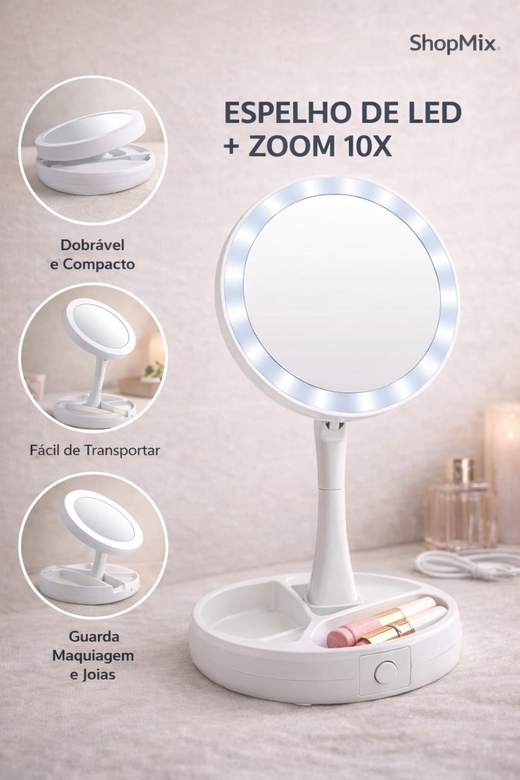 Espelho de LED com Zoom 10X Dobrável Portátil