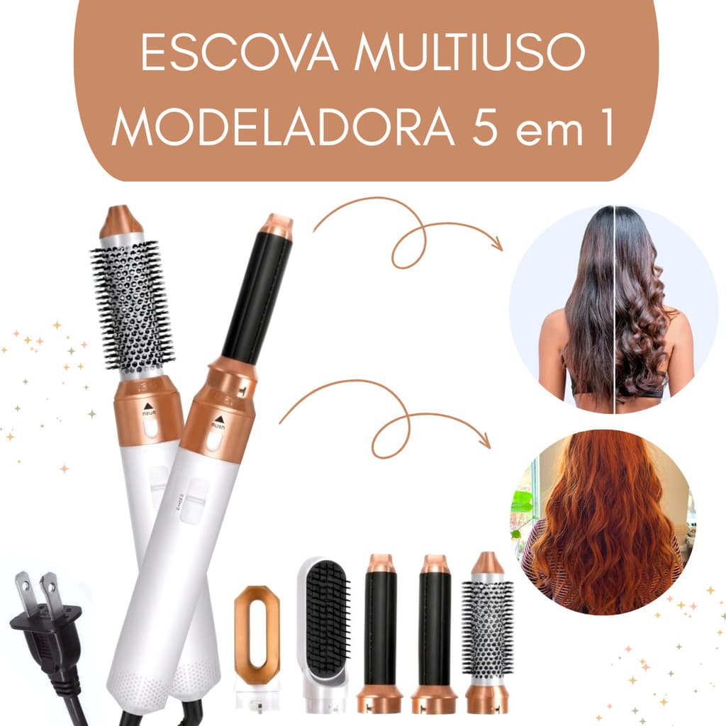 Escova 5 em 1 Multiuso 110V - Seca, Modela, Alisa e Penteia PREMIUM Branca c/ Dourada