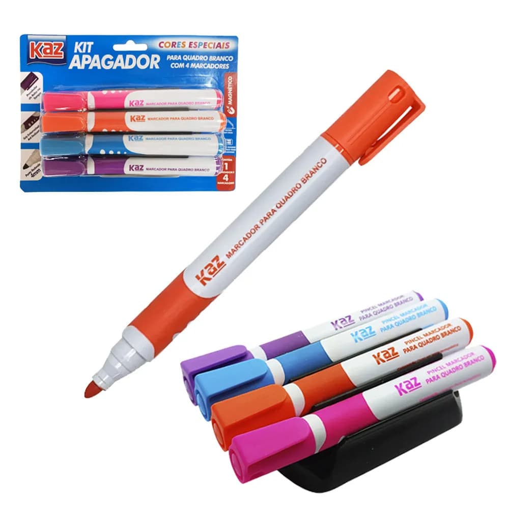 Apagador para Quadro Branco c/ 4 Marcadores Coloridos