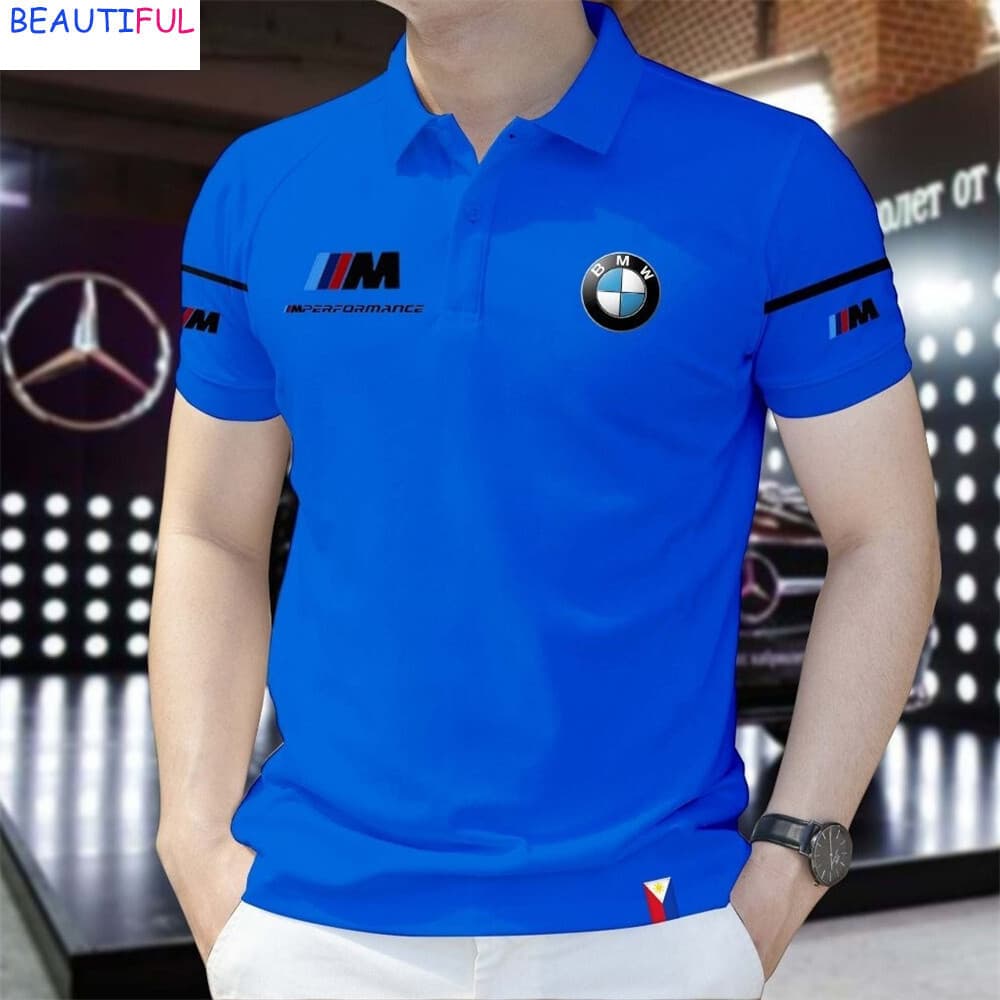 Camisa Polo Masculina BMW Com Gola Retrô Estampada Regular Tops Tee