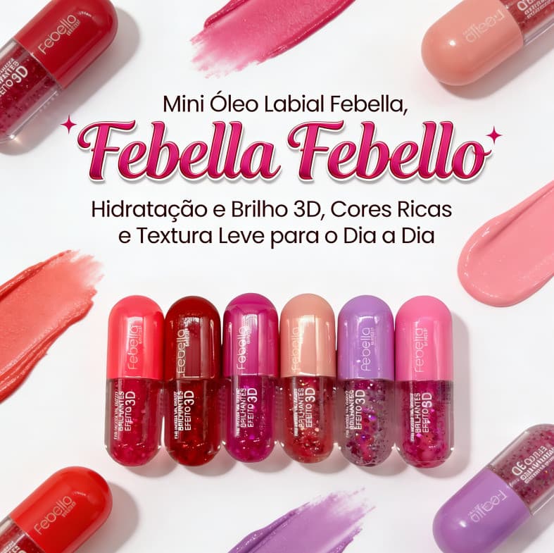 🎊Mini Óleo Labial Febella Febello - Cores Ricas ,Portabilidade,Hidratação - Brilho e Textura Leve: Ideal para Dia a Dia