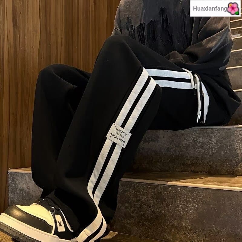 Calças esportivas listradas americanas masculinas primavera outono carta moletom estudante juventude Plus Size calças re