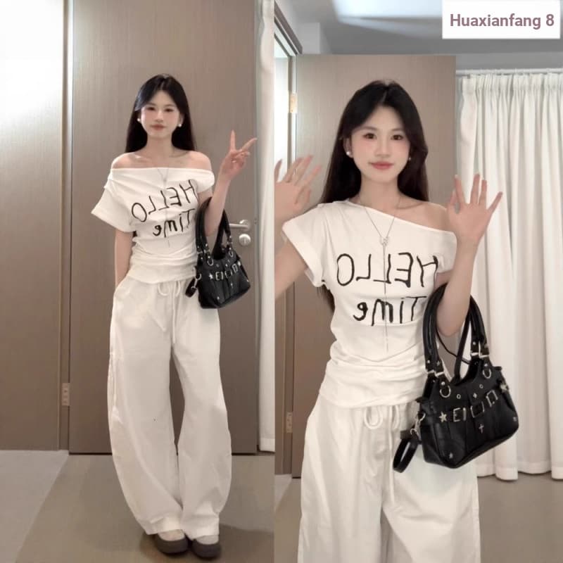 Japonês coreano branco cruz-ombro torcido camiseta feminina verão carta impressa mais magro olhar magro-ajuste topo femi