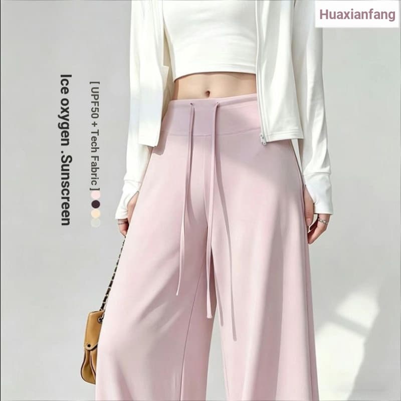 {Novo produto} Verão japonês rosa gelo seda protetor solar calças femininas verão fino cintura alta mais magro olhar em