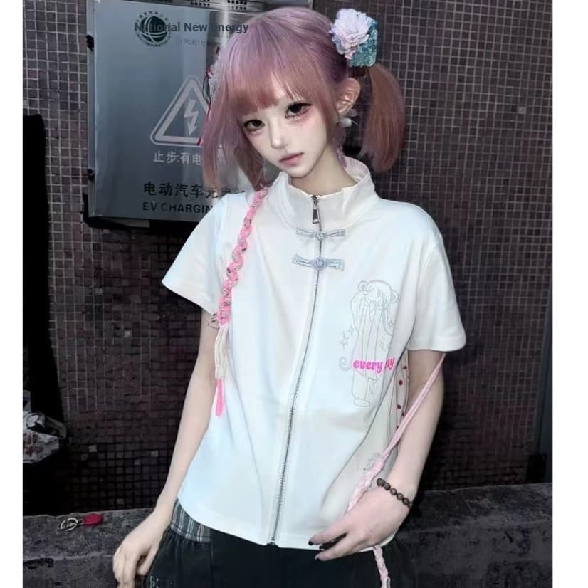 Japonês luz estilo asiático zíper Cardigan de manga curta feminino verão manga curta camiseta feminina bidimensional imp