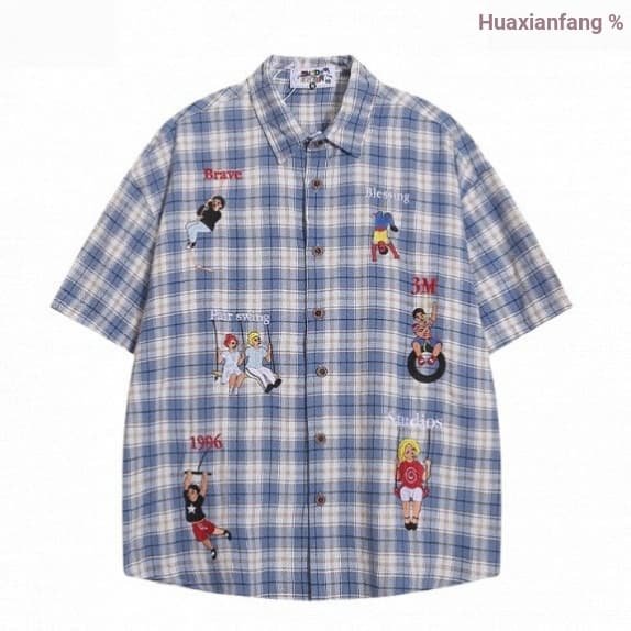 Americano Retro xadrez camisa de manga curta masculina verão japonês dos desenhos animados estilo fino solto camisa bord