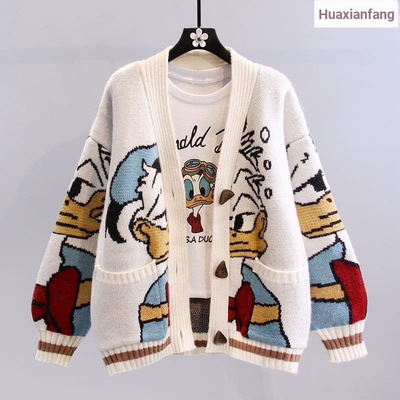 Japonês dos desenhos animados Cardigan jaqueta feminina dos desenhos animados pato camisola jaqueta Jacquard camisola ja