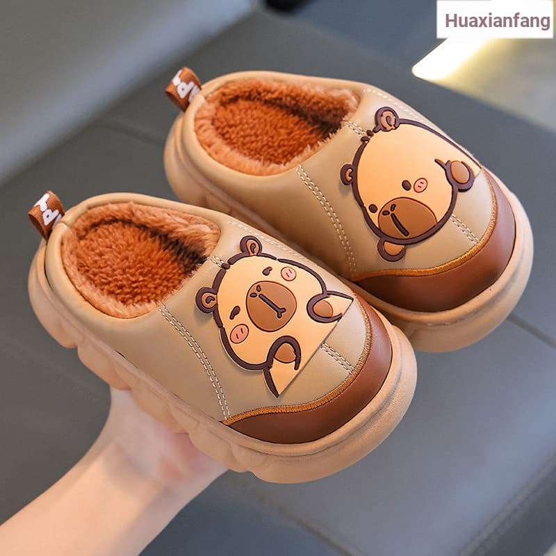 {Novos produtos} Kapibara Chinelos de algodão infantis de inverno, meninos, meninas, sapatos de pelúcia quentes, couro P