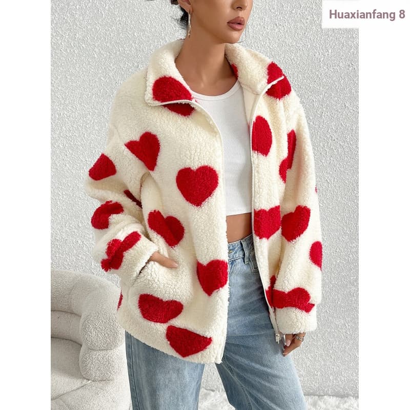 Estilo europeu americano cardigan zíper jaqueta feminina outono inverno pelúcia coração impressão solta manga comprida z