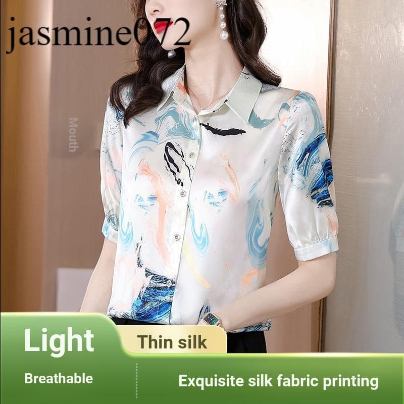 Top estampado de manga curta Plus Size Roupas femininas Camisa de seda Real de alta qualidade Tecido de seda amoreira De