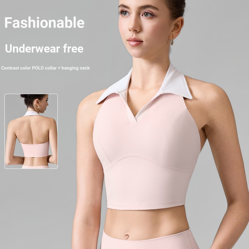 Contraste cor lapela esportes roupa interior feminina 2026 verão copo fixo sutiã de Fitness correndo Pilates Yoga Wear t